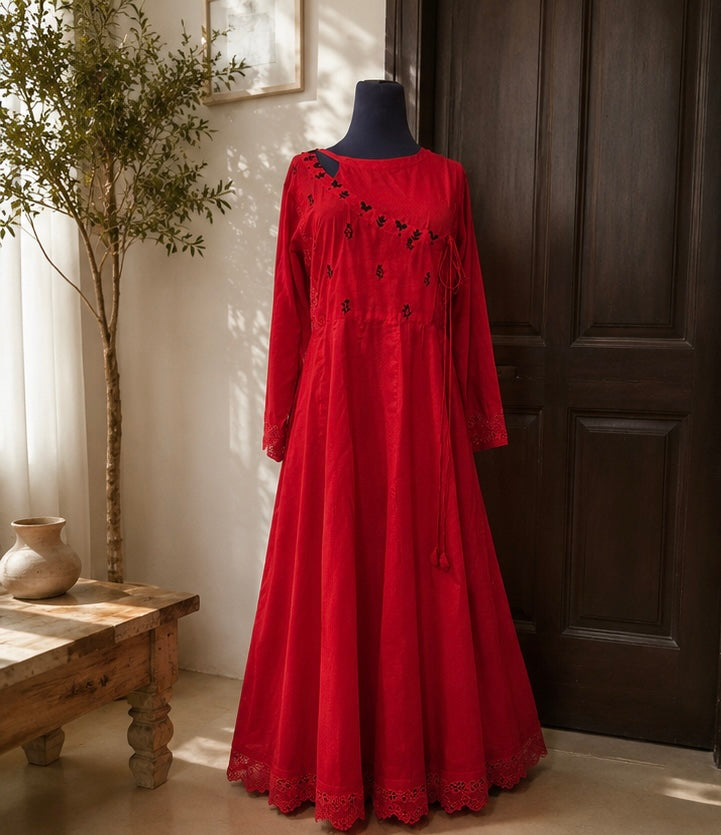 Vibrant Red Hand-Embroidered 2-Piece Panel Frock Suit | Nyrel Clothing
