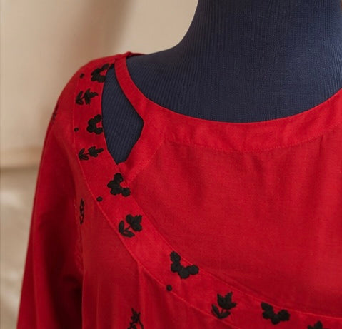 Vibrant Red Hand-Embroidered 2-Piece Panel Frock Suit | Nyrel Clothing