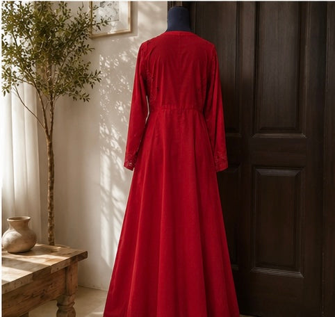Vibrant Red Hand-Embroidered 2-Piece Panel Frock Suit | Nyrel Clothing