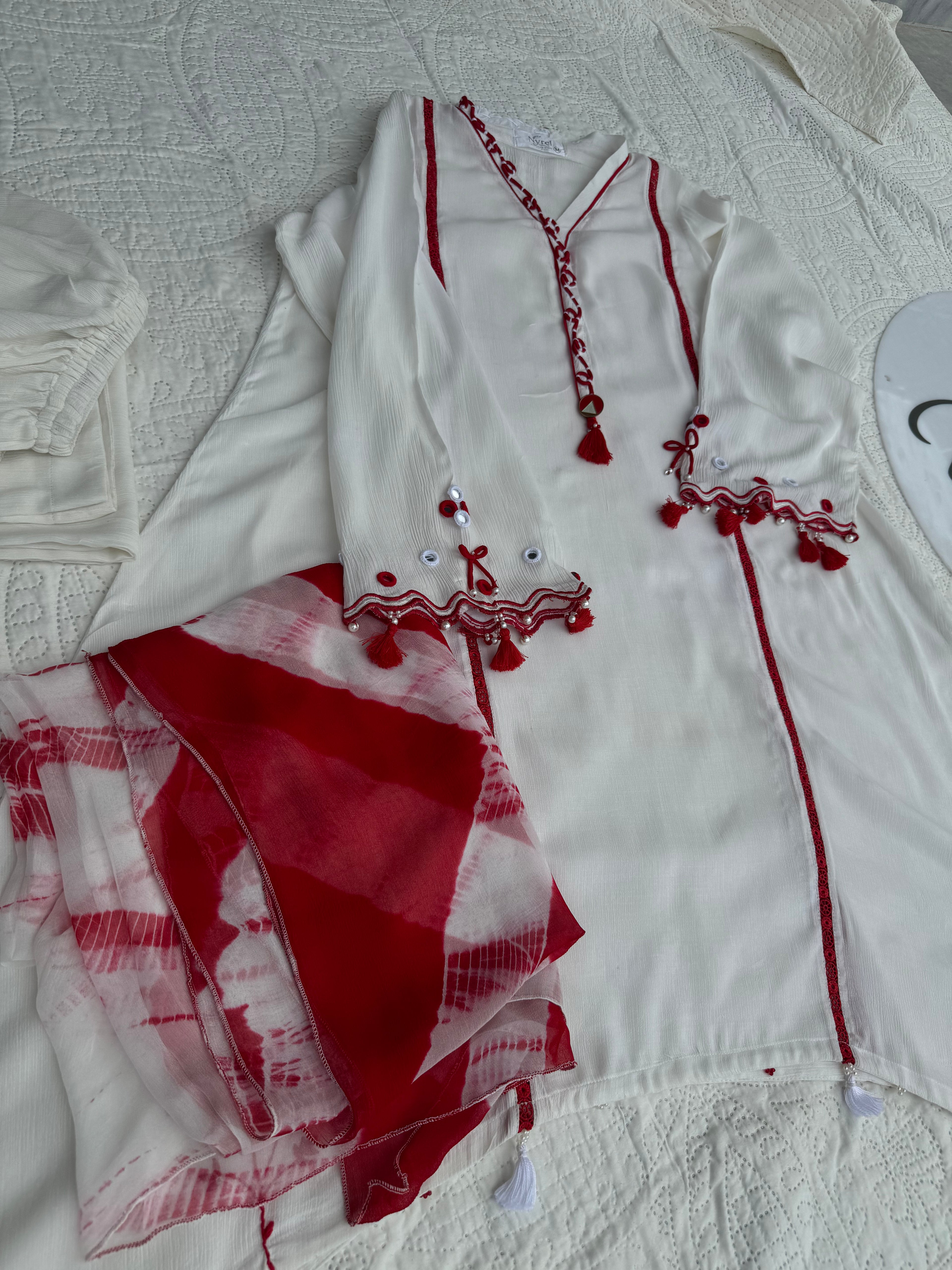 White and Red 3-Piece Embroidered Lawn Suit with Tie-Dye Dupatta | Nyrel Clothing