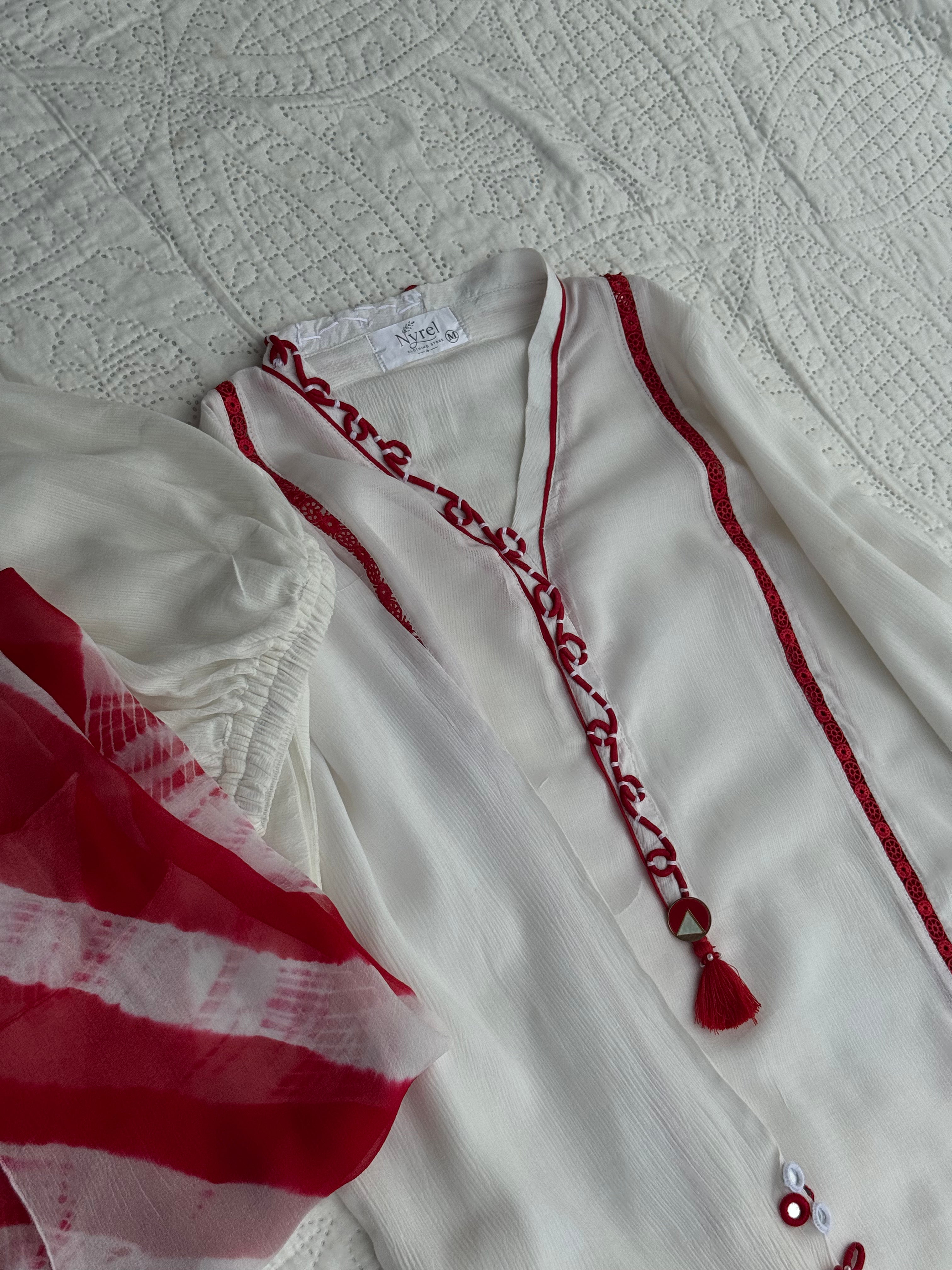 White and Red 3-Piece Embroidered Lawn Suit with Tie-Dye Dupatta | Nyrel Clothing