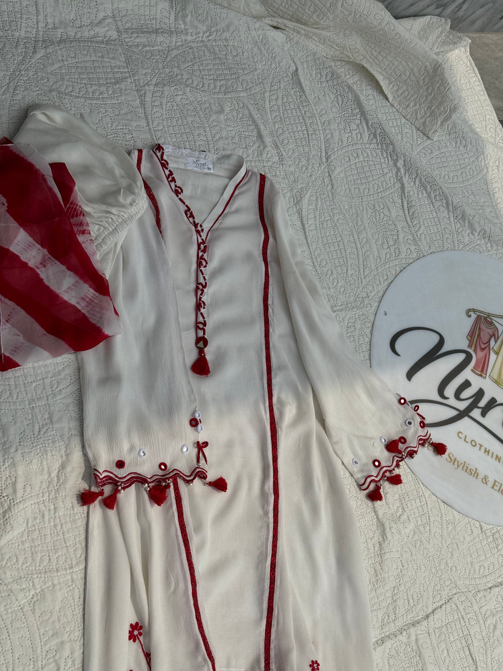 White and Red 3-Piece Embroidered Lawn Suit with Tie-Dye Dupatta | Nyrel Clothing