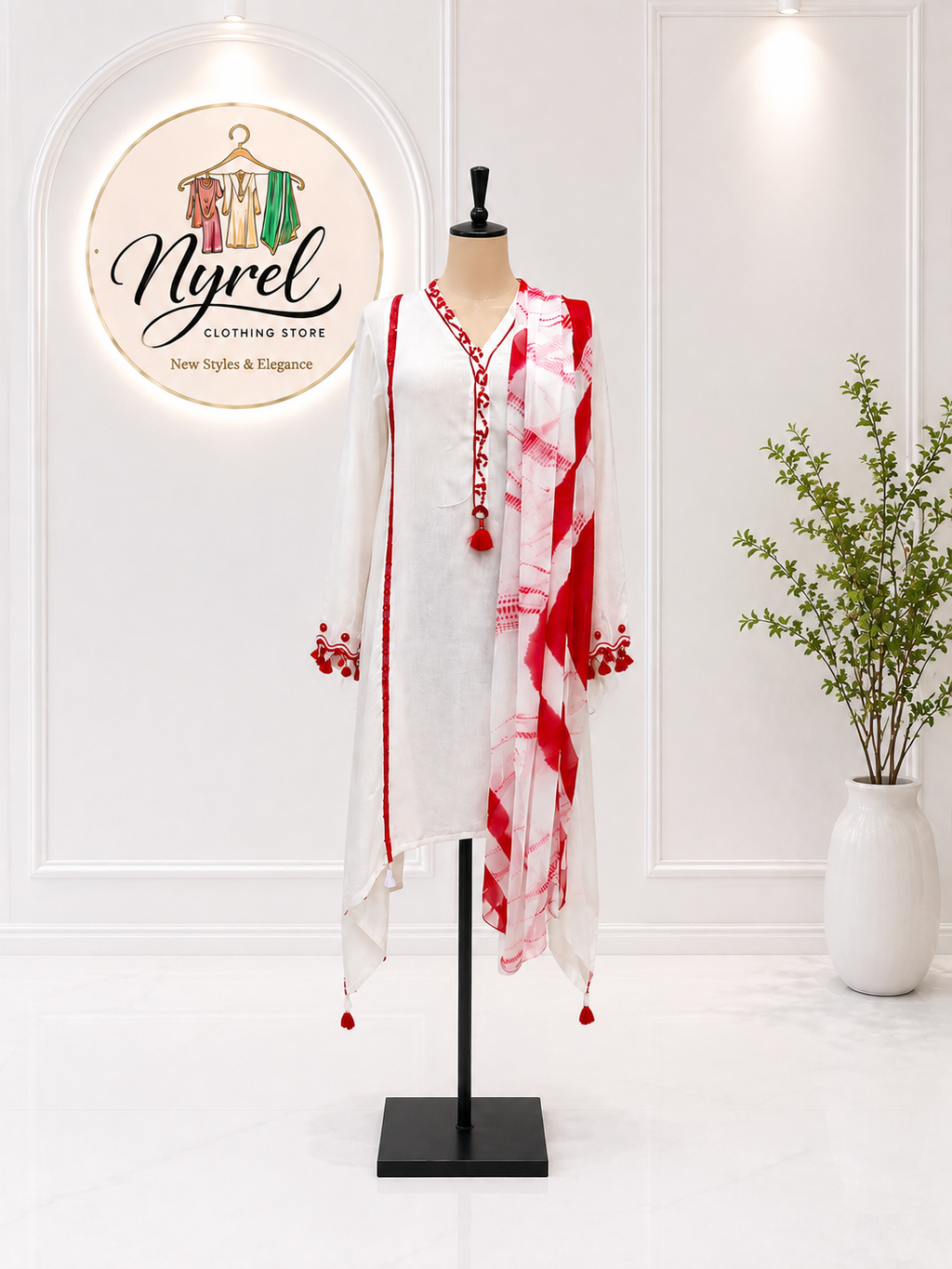 White and Red 3-Piece Embroidered Lawn Suit with Tie-Dye Dupatta | Nyrel Clothing