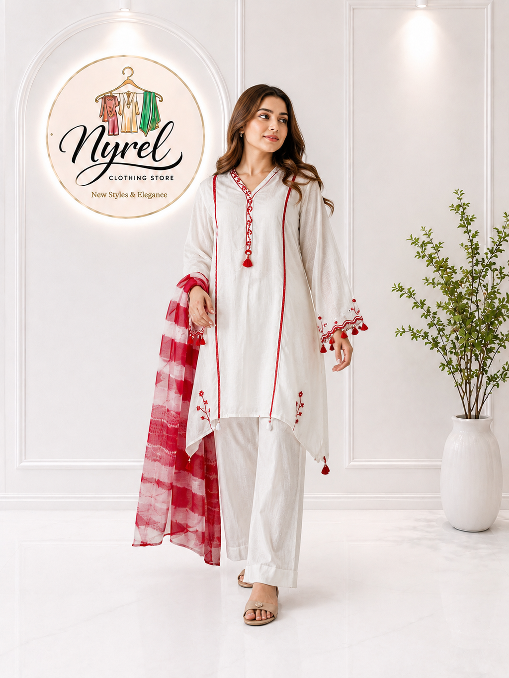 White and Red 3-Piece Embroidered Lawn Suit with Tie-Dye Dupatta | Nyrel Clothing