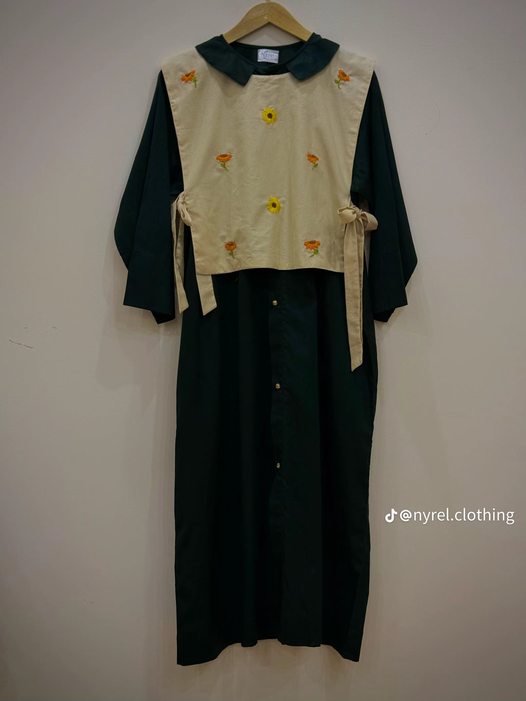 Dark Green Long A-Line Dress with Hand-Embroidered Cream Jacket | Nyrel Clothing