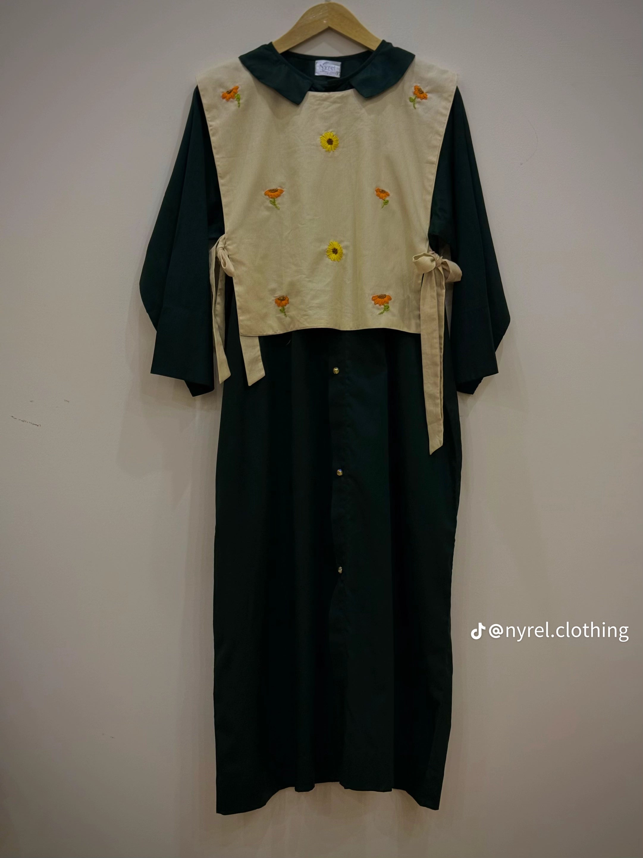 Dark Green Long A-Line Dress with Hand-Embroidered Cream Jacket | Nyrel Clothing