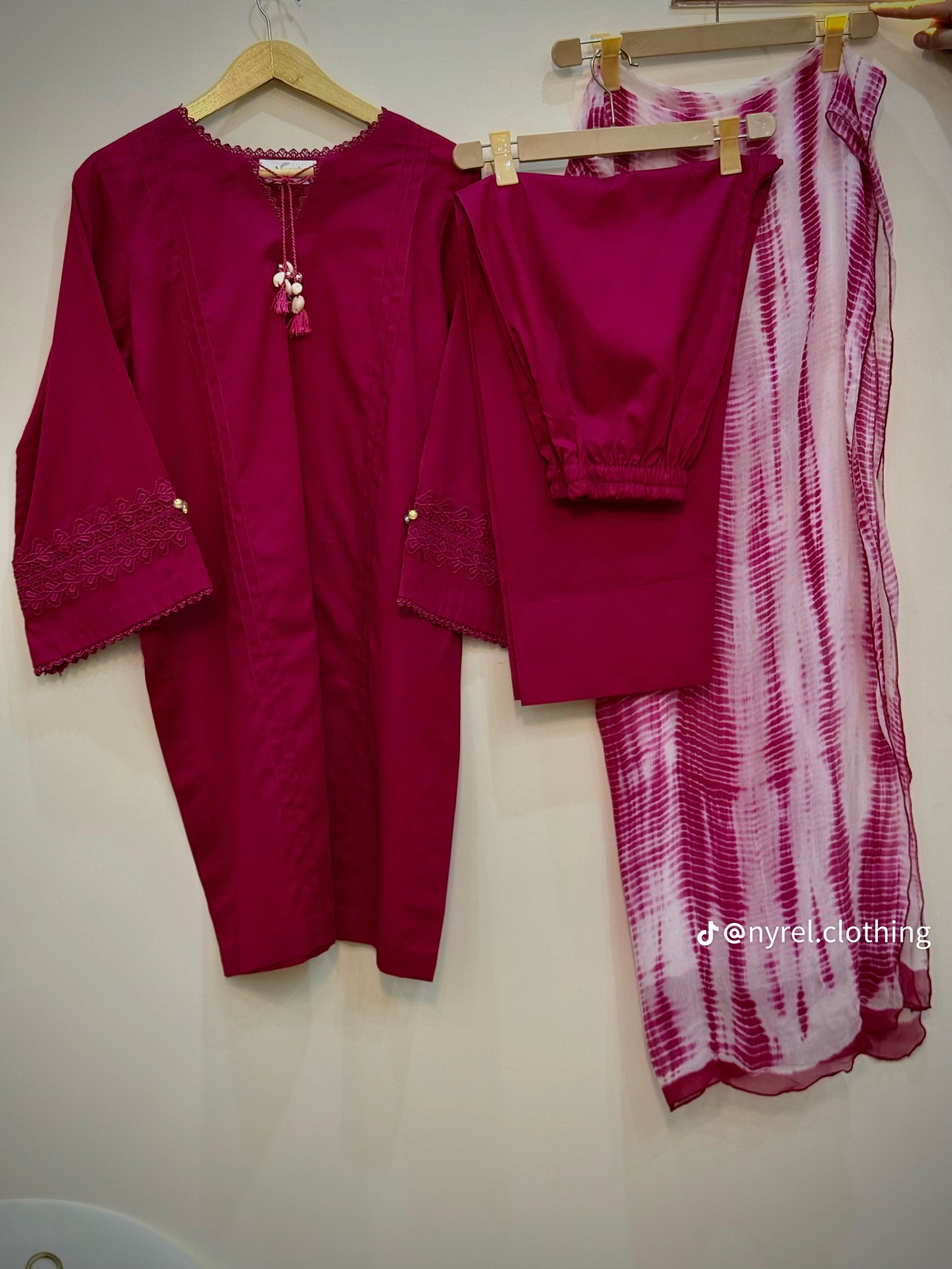 Magenta 3-Piece Lawn Suit with Farshi Trouser & Tie-Dye Dupatta | Nyrel Clothing