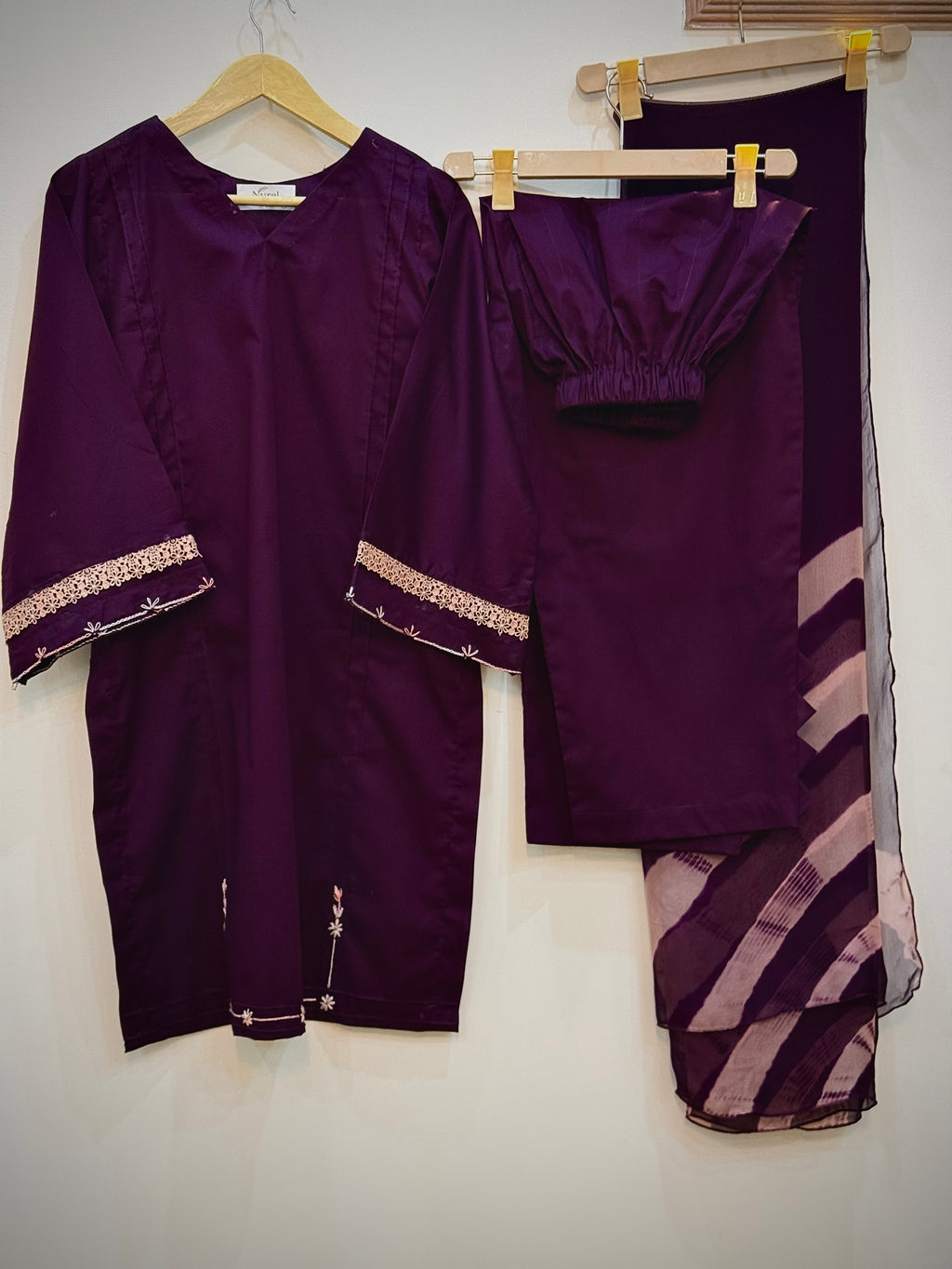 Deep Plum 3-Piece Hand-Embroidered Lawn Suit with Dyed Dupatta | Nyrel Clothing