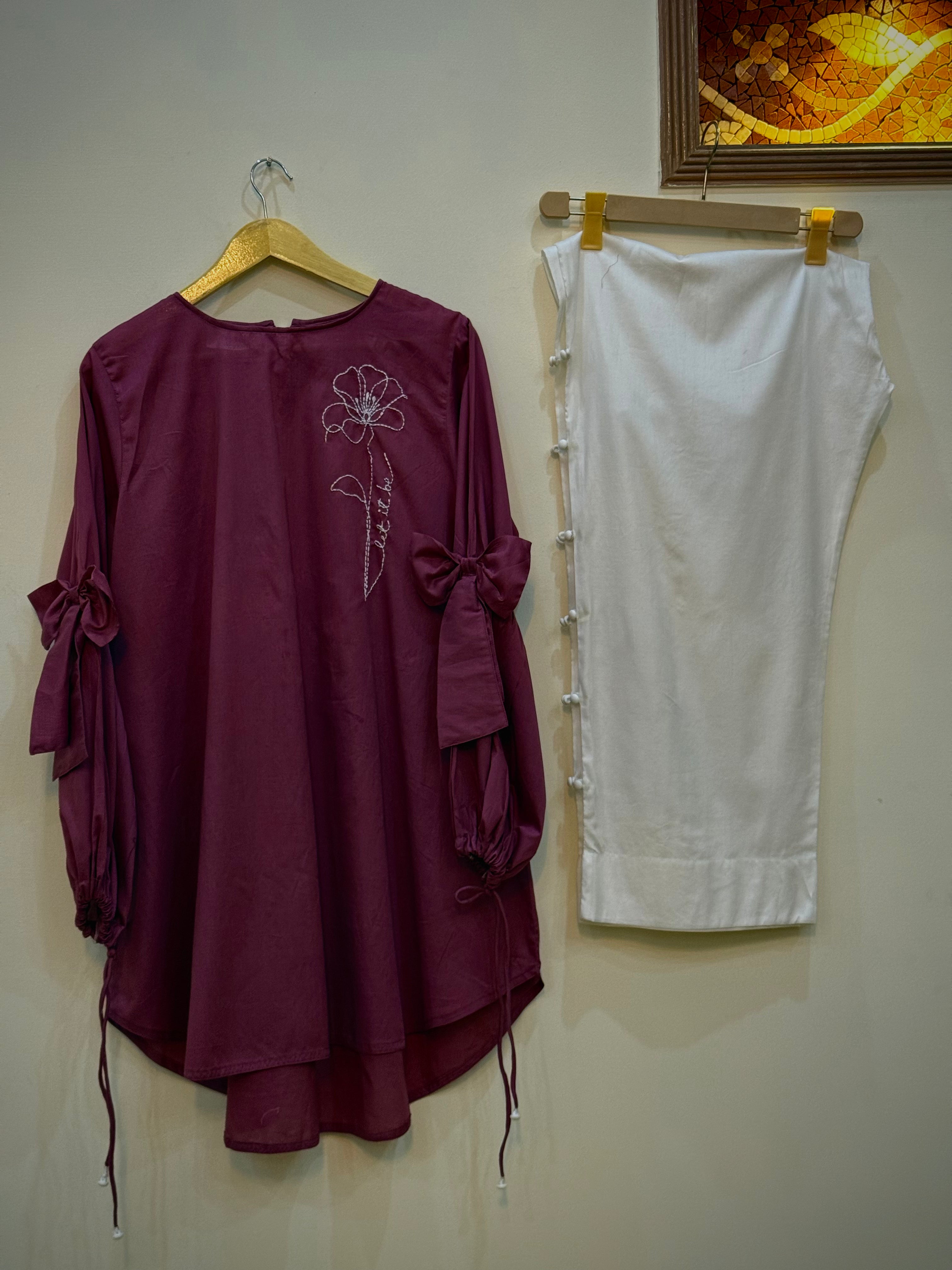 Maroon Hand-Embroidered 2-Piece Lawn Suit with Buttoned Trouser | Nyrel Clothing