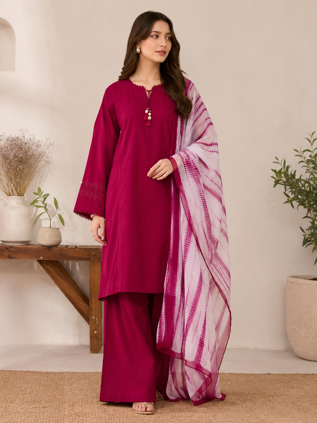 Magenta 3-Piece Lawn Suit with Farshi Trouser & Tie-Dye Dupatta | Nyrel Clothing