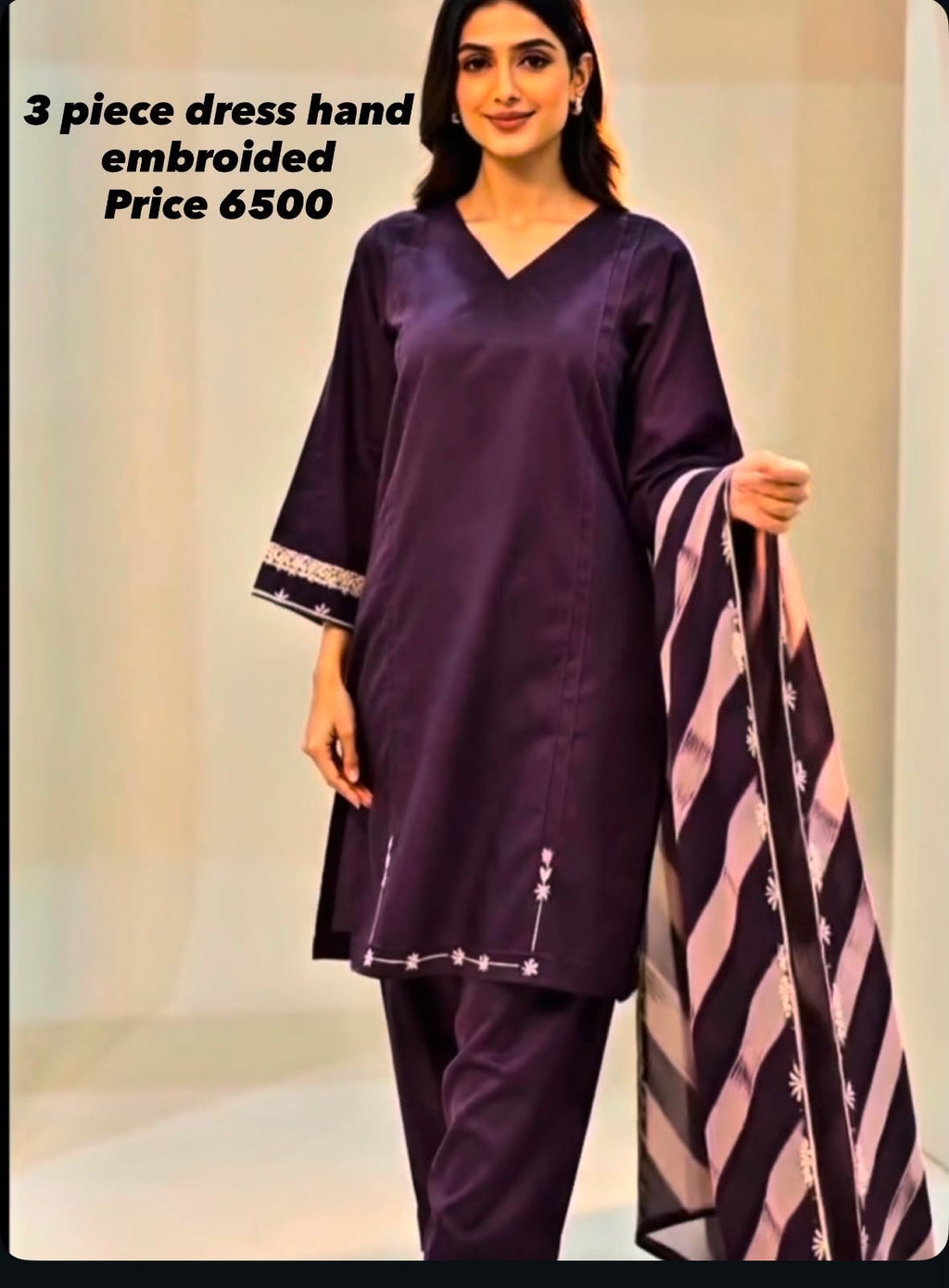 Deep Plum 3-Piece Hand-Embroidered Lawn Suit with Dyed Dupatta | Nyrel Clothing