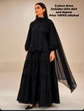 Black Doria Lawn 3-Piece Shirt, Tiered Skirt & Chiffon Dupatta Set | Nyrel Clothing