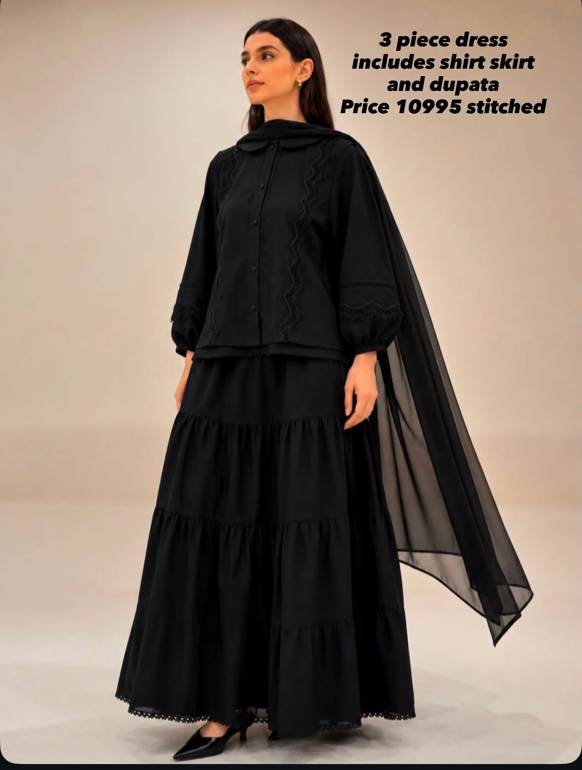 Black Doria Lawn 3-Piece Shirt, Tiered Skirt & Chiffon Dupatta Set | Nyrel Clothing