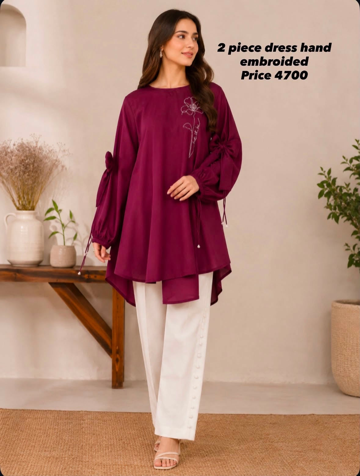Maroon Hand-Embroidered 2-Piece Lawn Suit with Buttoned Trouser | Nyrel Clothing