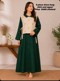 Dark Green Long A-Line Dress with Hand-Embroidered Cream Jacket | Nyrel Clothing